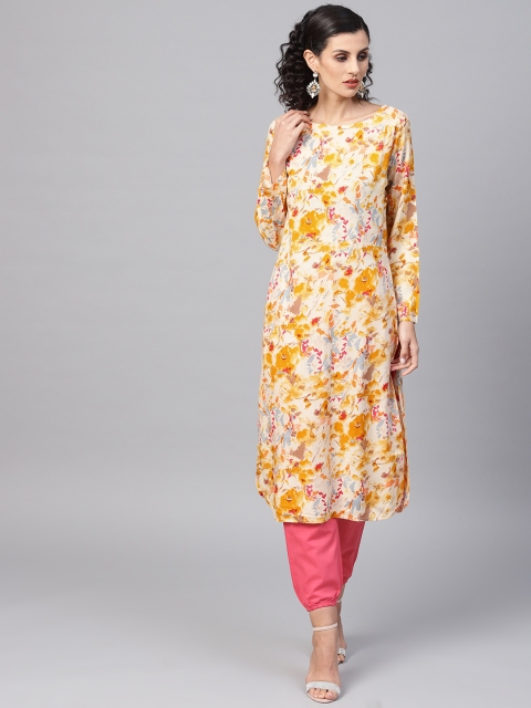 

AASI - HOUSE OF NAYO Women Off-White & Pink Printed Kurta with Trousers