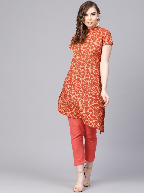 

AASI - HOUSE OF NAYO Women Peach-Coloured & Red Printed Asymmetric Kurta