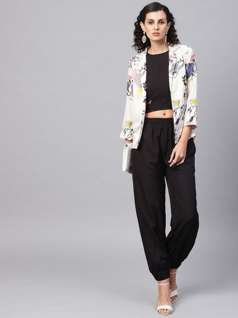 

AASI - HOUSE OF NAYO Women Black & Off-White Solid Top with Joggers & Jacket