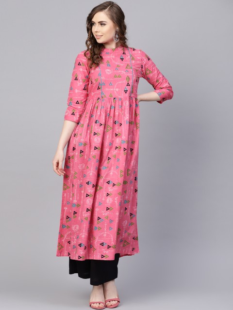 

AASI - HOUSE OF NAYO Women Pink & Blue Printed A-Line Kurta