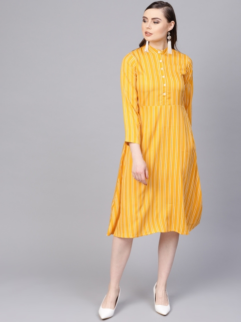 

AASI - HOUSE OF NAYO Women Yellow & White Striped A-Line Dress