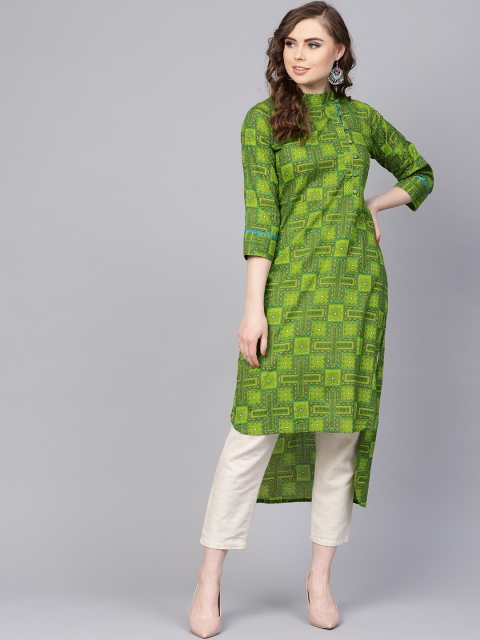

AASI - HOUSE OF NAYO Women Green Printed High-Low Straight Kurta