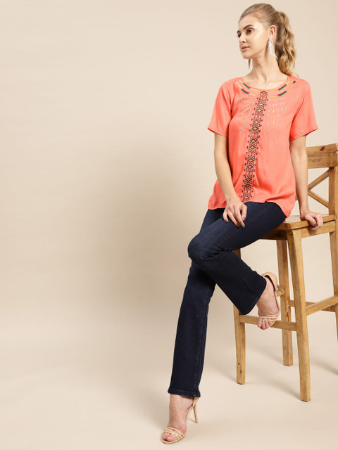 

AKS Couture Women Peach-Coloured Embroidered Styled Back Top