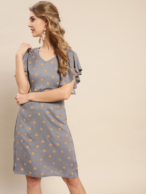 

AKS Couture Women Grey & Orange Polka Dot Shift Dress