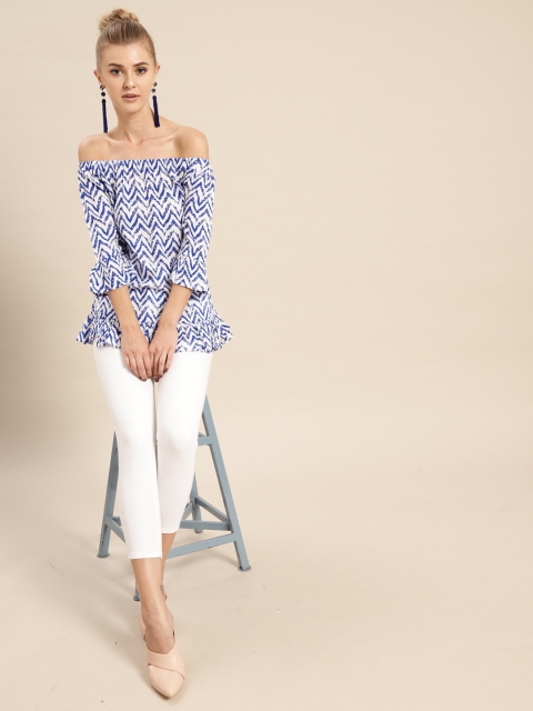 

AKS Couture Women White & Blue Chevron Print Bardot Top