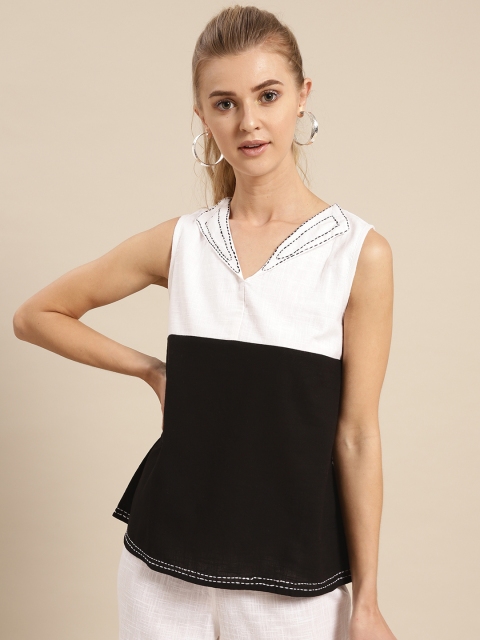 

AKS Couture Women Black & White Colourblocked A-Line Pure Cotton Top