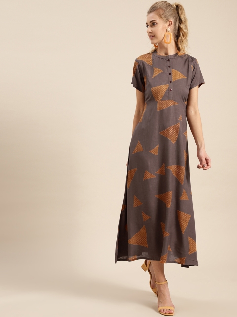 

AKS Couture Women Brown & Mustard Yellow Printed Maxi Dress