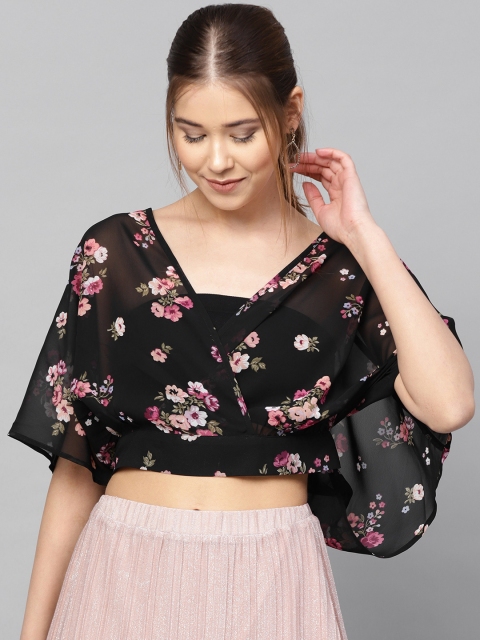 

Kazo Women Black & Pink Semi Sheer Printed Cropped Wrap Top