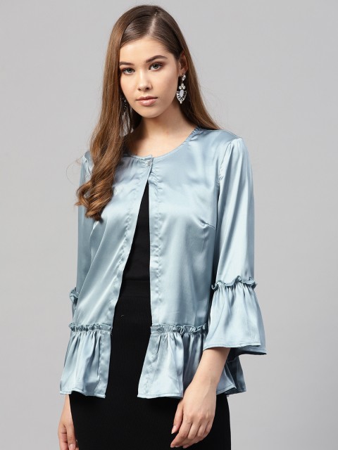 

Kazo Blue Solid Satin Button Shrug