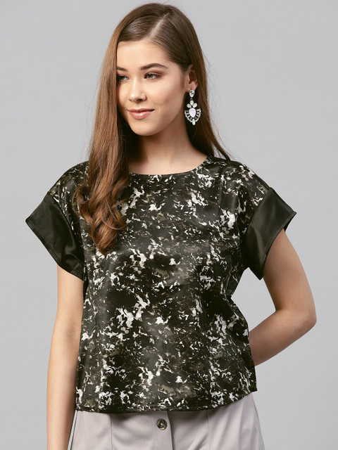 

Kazo Women Black & Olive Green Printed Boxy Top