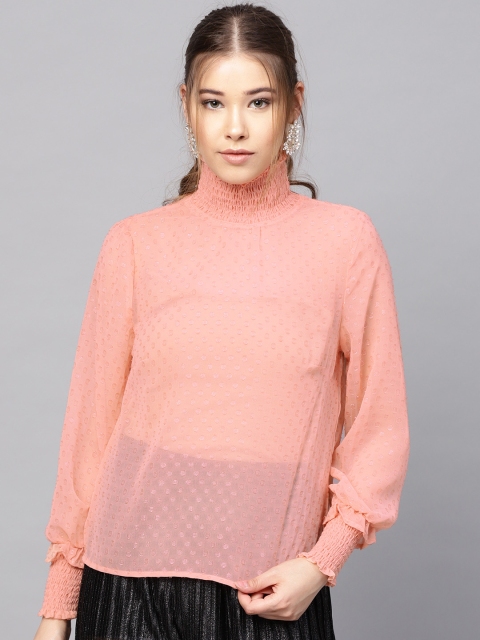 

Kazo Women Peach-Coloured Semi Sheer Self Design Top