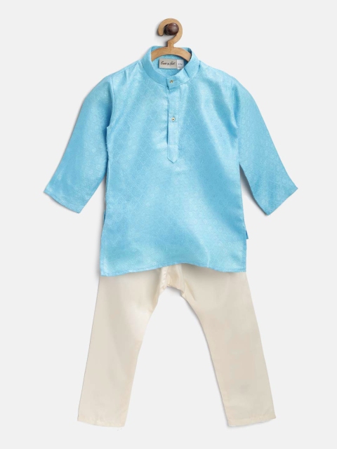 

BownBee Boys Blue & Cream-Coloured Self Design Jacquard Kurta with Pyjamas