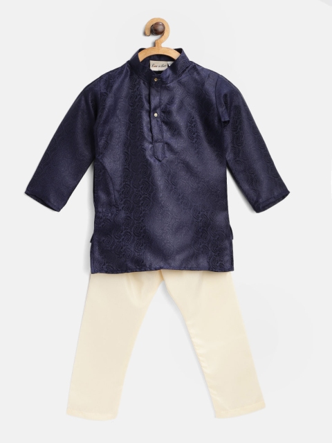 

BownBee Boys Navy Blue & Cream-Coloured Self Design Jacquard Kurta with Pyjamas