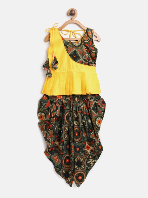 

BownBee Girls Yellow & Olive Green Printed Top with Dhoti Pants