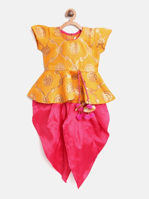 

BownBee Girls Mustard Yellow & Pink Printed Top with Dhoti Pants