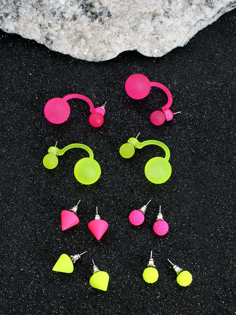 

Ayesha Set of 6 Pink & Fluorescent Green Circular Studs