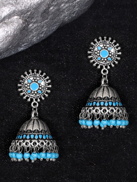 

Ayesha Silver-Toned & Blue Dome Shaped Jhumkas