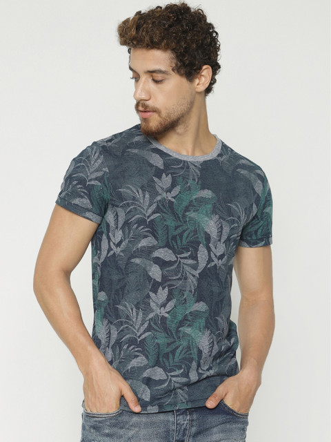 

Jack & Jones Men Navy Blue & Grey Printed Round Neck T-shirt