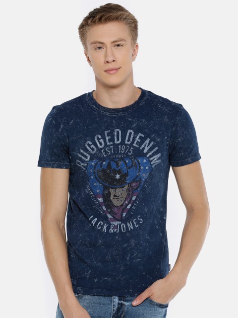 

Jack Jones Men Navy Blue Printed Round Neck Pure Cotton T-shirt