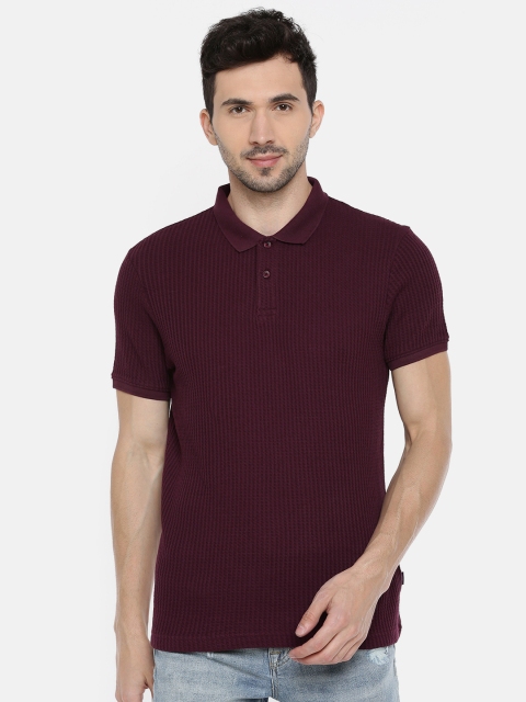 

Jack & Jones Men Burgundy Self Design Polo Collar T-shirt