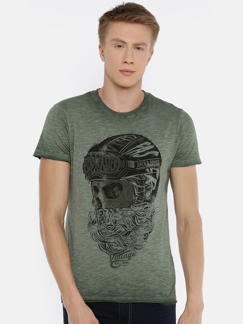 

Jack Jones Men Green Printed Round Neck Pure Cotton T-shirt