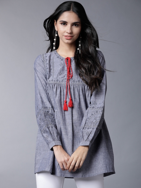 

Vishudh Women Blue Self Design A-Line Pure Cotton Top