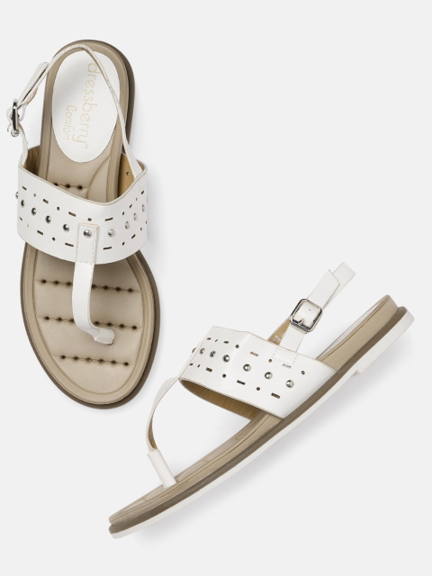 

DressBerry Women White Embellished T-Strap Flats