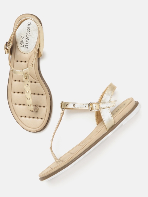 

DressBerry Women Gold-Toned Studded T-Strap Flats