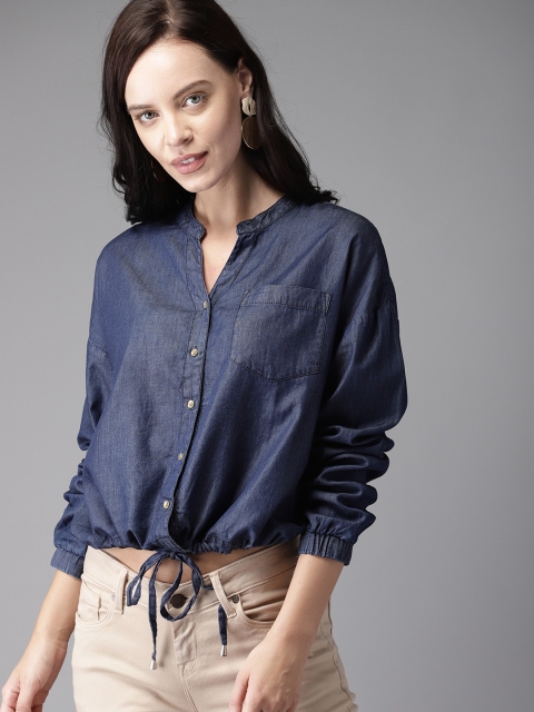 

HERE&NOW Women Blue Chambray Solid Shirt Style Top