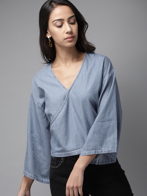 

Moda Rapido Women Blue Solid Chambray Wrap Top