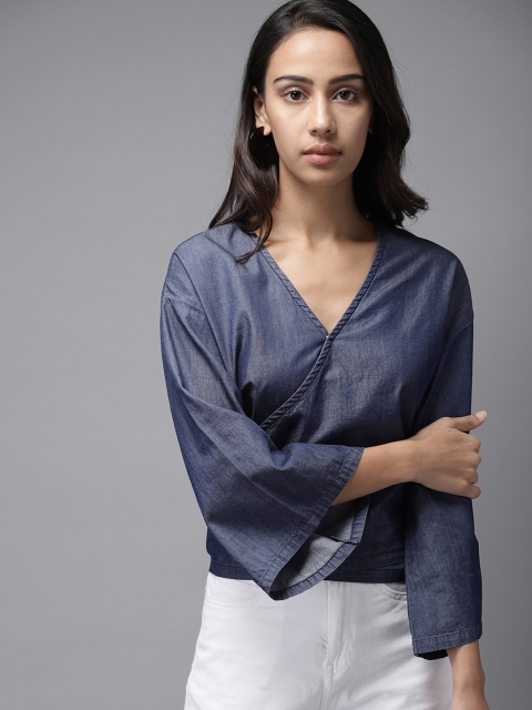 

Moda Rapido Women Blue Solid Chambray Wrap Pure Cotton Top