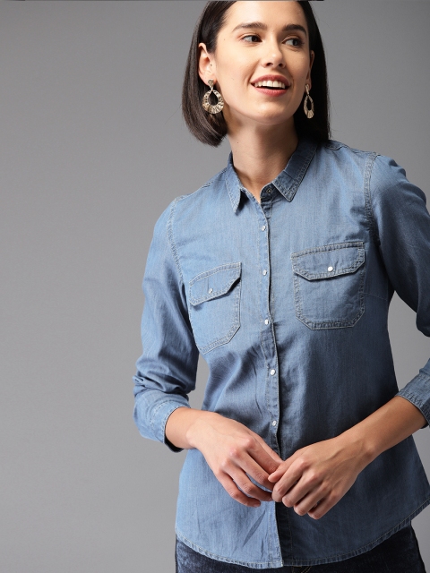 

HERE&NOW Women Blue Regular Fit Solid Casual Shirt