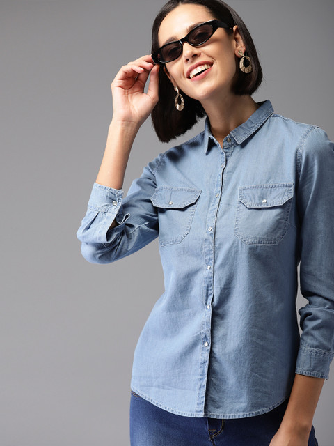 

HERE&NOW Women Blue Regular Fit Solid Casual Shirt