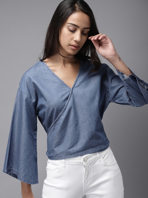 

Moda Rapido Women Blue Solid Chambray Wrap Top