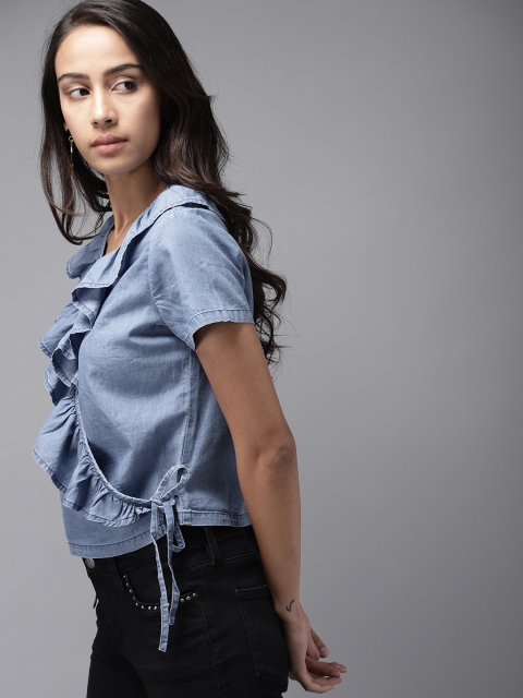 

Moda Rapido Women Blue Solid Chambray Wrap Top