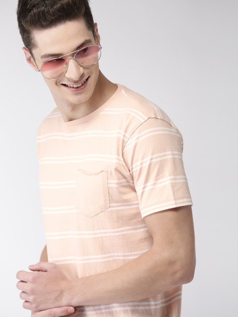 

Mast & Harbour Men Peach-Coloured & White Striped Round Neck T-shirt