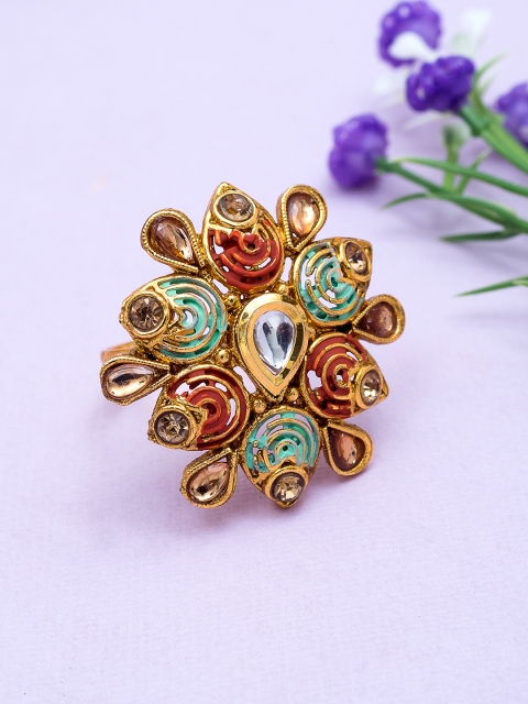 

Golden Peacock Gold-Plated & Blue Floral-Shaped Adjustable Ring