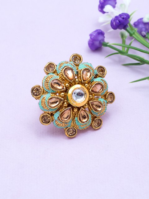

Golden Peacock Gold-Plated & Blue Floral-Shaped Adjustable Ring