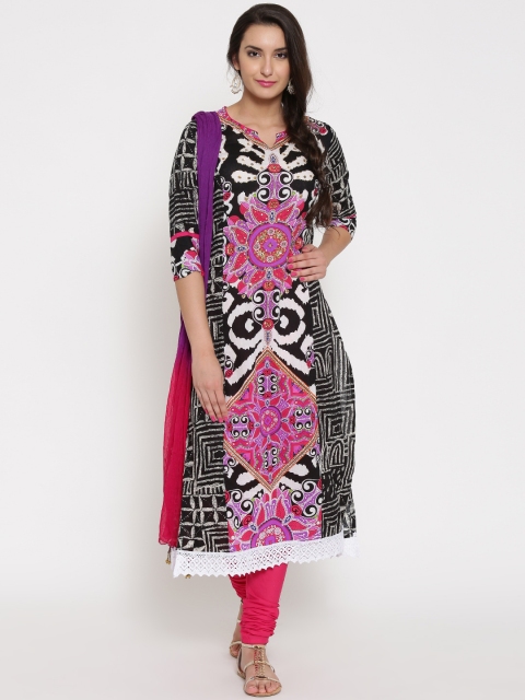 

Rain & Rainbow Black & Pink Printed A-LineChuridar Kurta with Dupatta