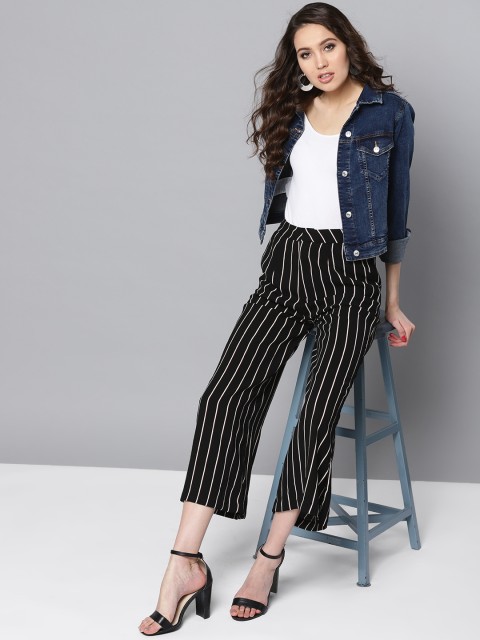 

Marie Claire Women Black & Off-White Regular Fit Striped Parallel Trousers