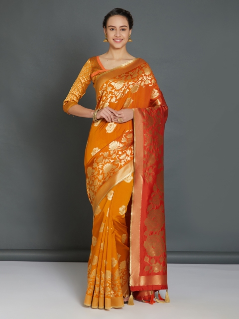 

Mitera Mustard Yellow & Orange Woven Design Kanjeevaram Saree