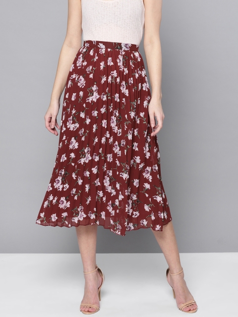 

Marie Claire Maroon Floral Print Midi Flared Skirt