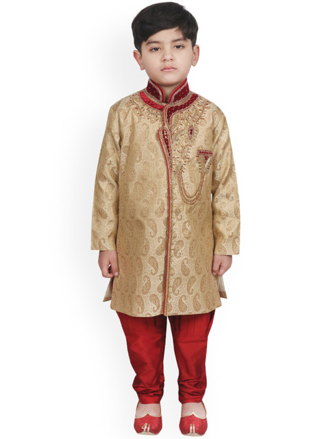 

SG YUVRAJ Boys Gold-Toned & Red Sherwani Set