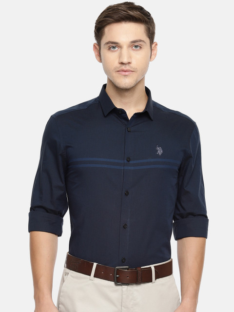 

U.S. Polo Assn. Tailored Men Navy Blue Slim Fit Striped Smart Casual