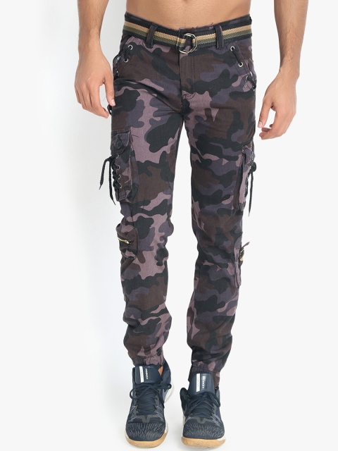 

Kotty Men Black & Olive Green Regular Fit Camouflage Printed Cargos