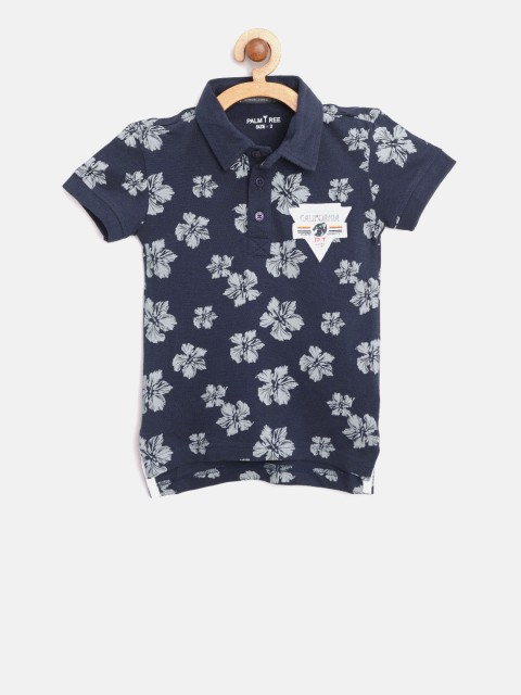 

Palm Tree Boys Navy Floral Print Polo Collar T-shirt, Navy blue