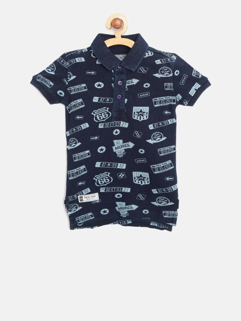 

Palm Tree Boys Navy Printed Polo Collar T-shirt, Navy blue