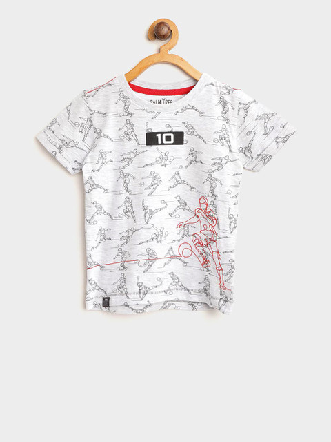 

Palm Tree Boys Grey Melange & Black Printed Round Neck T-shirt