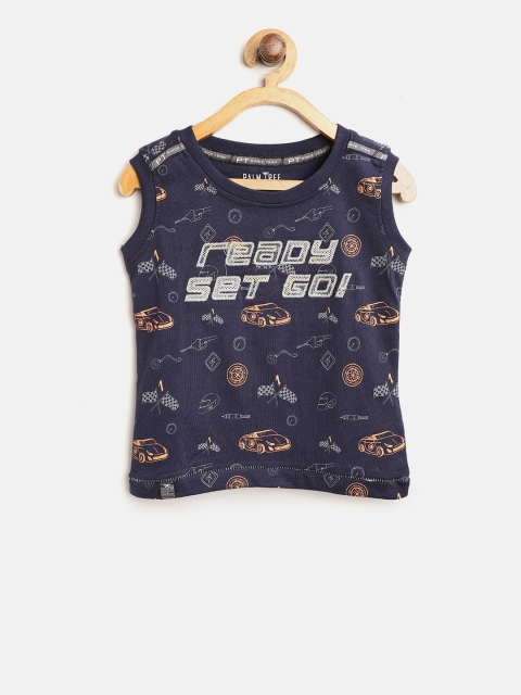 

Palm Tree Boys Navy Blue Printed Round Neck Pure Cotton T-shirt with Applique Detail