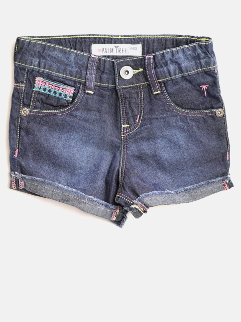 

Palm Tree Girls Navy Blue Solid Regular Fit Denim Shorts